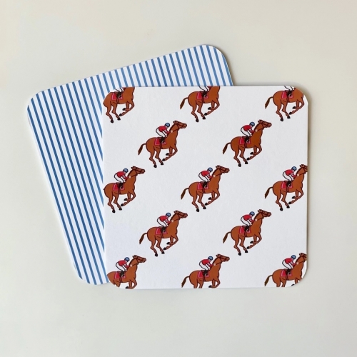 Horse and Jockey - Paper Coasters Set of 8.  
3.75 x 3.75\.
Packaged in clear bag.
Double thick, high quality, ultra white paper stock.
Stripe pattern printed on reverse side of coaster. 
Made in United States


